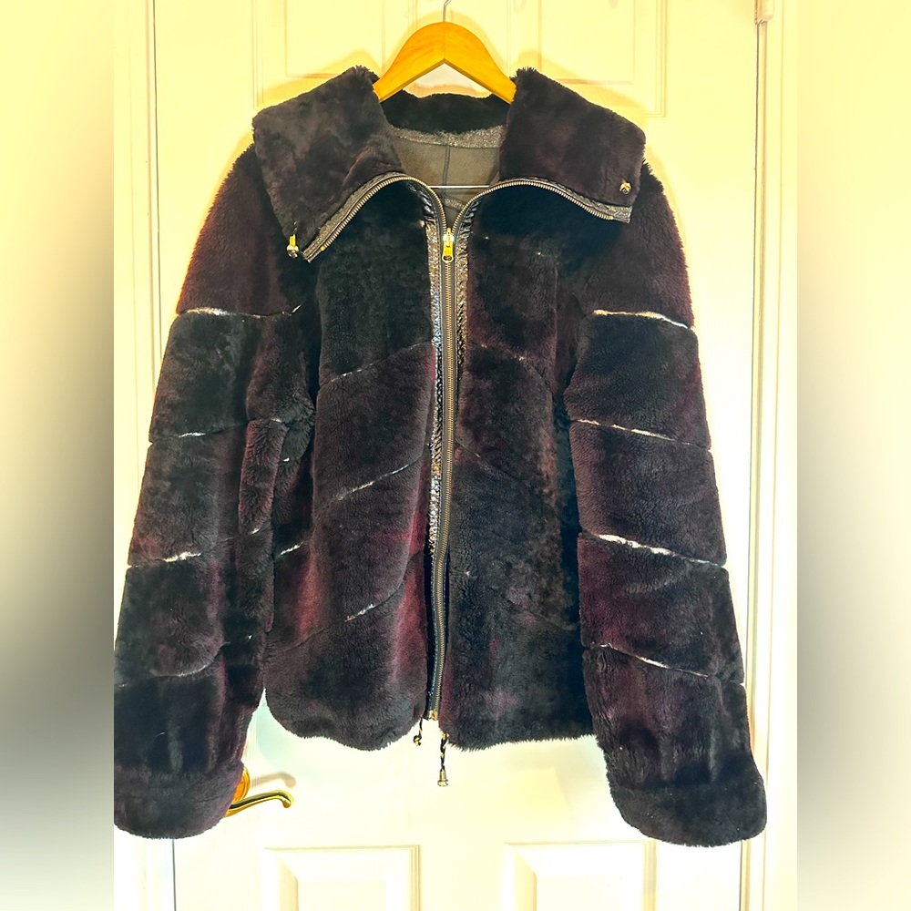 Real Fur And Leather Reversible Women’s Cozy Fur Zip-up Jacket Size L Black Coat